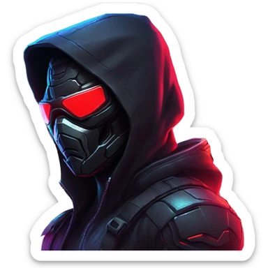developer behind his laptop with this style : crysis Cyberpunk Riot Games Valorant neon glowing bright red character red dark black hooded assassin themed character sticker