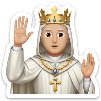 Create an emoji-style image of King Baldwin IV from Kingdom of Heaven. He is standing with his head bowed, wearing a silver mask that covers his face. His right hand is raised in a blessing gesture, and he is dressed in a holy white robe. sticker