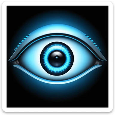 A mysterious AI eye glowing in the dark, cyberpunk style, black background sticker