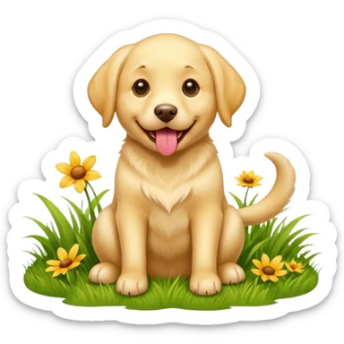 A yellow Labrador Retriever sitting on a grassy field, smiling with its tongue out under bright sunlight. Realistic lighting, outdoor park setting, friendly expression, high detail. sticker
