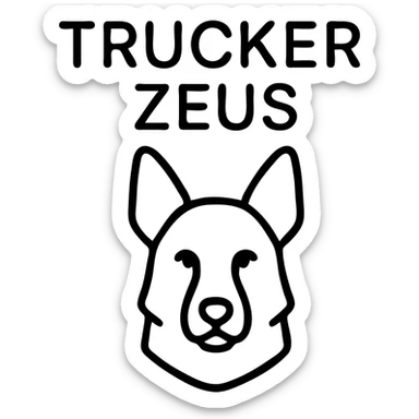 dark German Shepherd with 'Trucker Zeus' above, modern outlined icon style, text prominent sticker