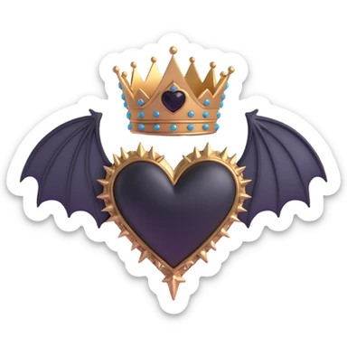 black gothic heart with metallic spikes, small gothic bat wings, and a gothic crown, ornate, dark, elegant sticker