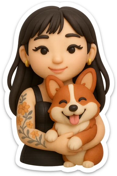 fondant cake art style emoji of an Asian girl with long hair and wispy bangs, black leather dress, gold earrings, subtle false lashes, and a 3/4 sleeve tattoo with flowers on her left arm, hugging a cheerful red head tri-color corgi, simplified, emoji-like sticker