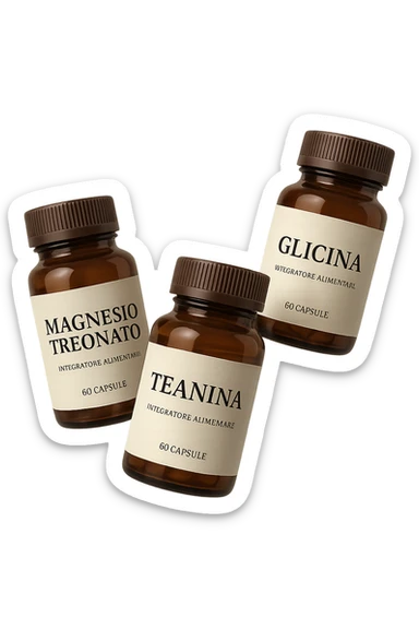 3 boccette di integratori: Magnesio Treonato, glicina, teanina in italiano, fluttuano in aria sticker