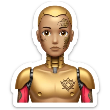 gold Tatooed robot with rada, big many tatooes on chest, neck and face, white tatoo on face sticker
