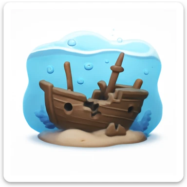 3D iPhone style emoji of a sunken ship underwater, lying on the ocean floor, broken details, surrounded by bubbles and soft blue water effect, isolated on white background, soft shadows, high detail, playful and cute. sticker