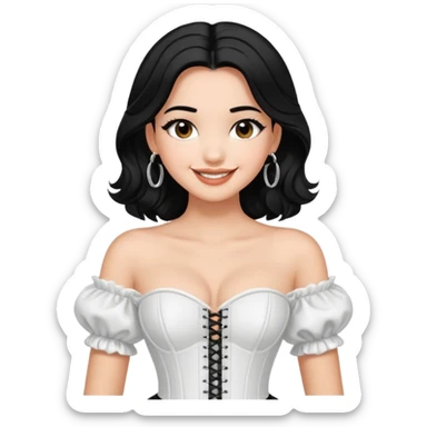 generate a pretty bratz emoji that looks like Kareena Kapoor's Geet character. 
Make her wear a puff sleeve off shoulder white top with a black corset over it. silver hoops, black hair open with middle part. smiling big

She should look like Kareena Kapoor sticker