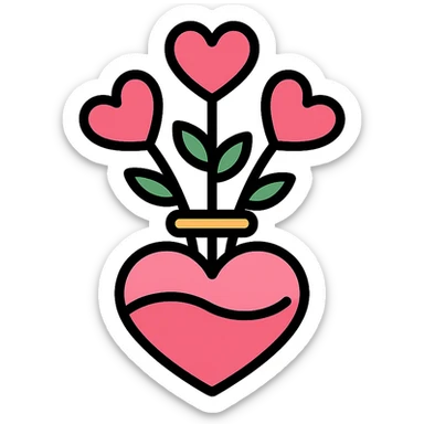 transparent vase in the shape of a pink heart, filled with flowers shaped like pink hearts, clean modern icon style sticker