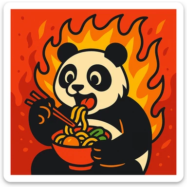 a panda engulfed in flames eating food in a vibrant comic style sticker