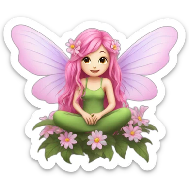 long pink hair fae with wings sitting on flower sticker