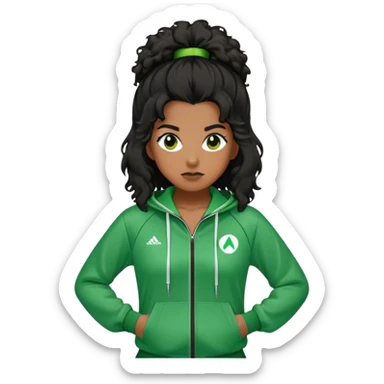 Cha Age: Late 40s
a woman with frizzy, black hair tie
Outfit: Green player tracksuit sticker