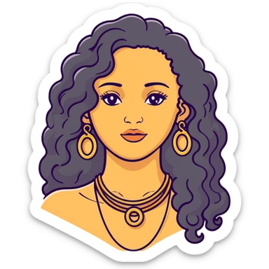 attractive Greek woman with long curly hair and light skin wearing gold hoop earrings and a gold necklace sticker