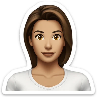 3/4 face, contrasted, shadow, light, Eva Longoria expression, standing from a distance, thin nose, brunette woman, hazel eyes, long eyelashes, dark shoulder shaded hair, white t-shirt, jeans, white sneakers sticker