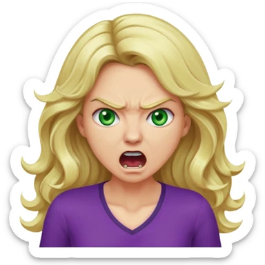 lady with long wavy blonde hair, purple top, green eyes, shouting and looking very angry sticker