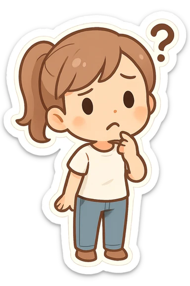 cute mini woman with a ponytail hairstyle, wearing a white t-shirt and jeans, with a confused facial expression, chibi style sticker