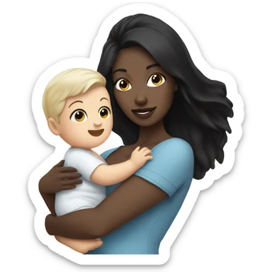 Pretty mom with black hair and white skin holding baby boy black hair with white skin  sticker