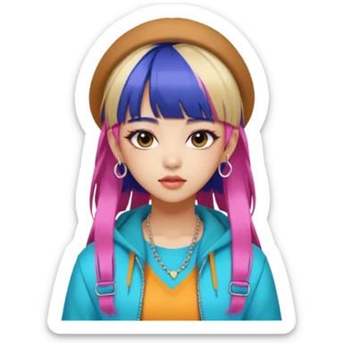 Portrait of a young female K-pop idol, wearing a stylish streetwear outfit with layered clothing and bold accessories, colorful dyed hair with bangs, confident expression, soft lighting, front-facing, energetic and glamorous vibe sticker