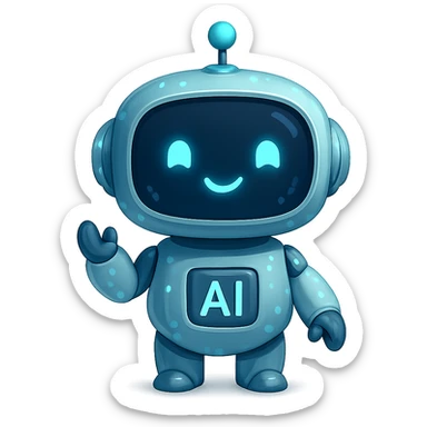 a cute robot with digital features, symbolizing AI, friendly and futuristic sticker