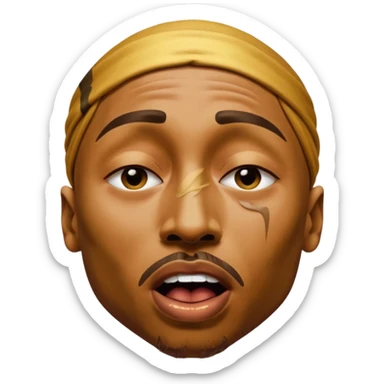 tupac but he's made of gold but he's also in an unbearable amount of pain, he has a really pained expression, his mouth is wide opened and his eyes are closed sticker
