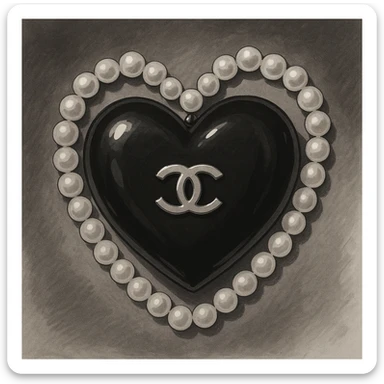 glossy black heart with a string of pearls around it, featuring a silver Chanel logo in the center, elegant, black and white color scheme, ghibli style sticker