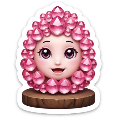 A single cute pink crystal cluster character, chunky round base with many tall rose-pink crystal quartz cluster imperfect, on the front of the base a kawaii face with big shiny eyes and a happy open smile very shiny sticker