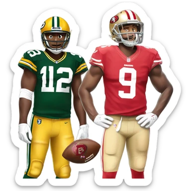 San Francisco 49rs player standing over a Wisconsin packers player  sticker