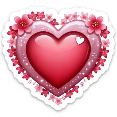 heart surrounded by sakura petals and silver sparkles sticker