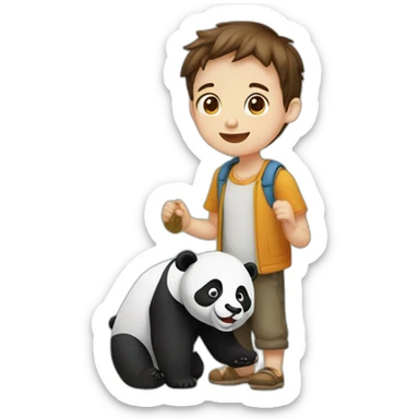 Niño pelinegro abrazando a un panda  sticker