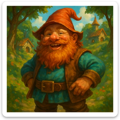 a cheerful dwarf with a bushy beard in a fantasy setting sticker