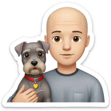 Young bald man with a schnauzer sticker