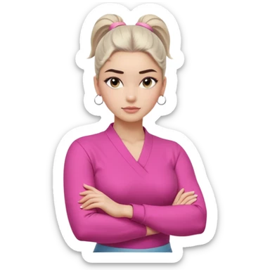 Character: Go-getter, confident, intelligent, composed
Emoji Look:

Light gray eyes, very noticeable

Well-shaped eyebrows, strong appearance

Upper ponytail

Street fashion look
Fair skin with a pink undertone

Arms crossed pose
Feeling: Girl Boss, cool beauty, minimal but powerful sticker