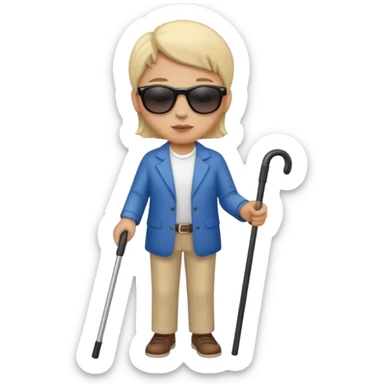 A blind person wearing sunglasses and holding a guide cane sticker
