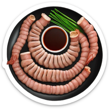 Korean grilled intestines platter with chives, garlic, and spicy sauce, served on a black plate sticker