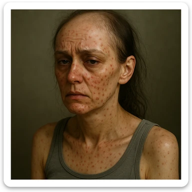 Highlight hormonal symptoms in a woman: evident acne on the face, alopecia with thinning hair areas, dull skin, tired expression, hyper-realistic details, atmosphere suggesting hormonal discomfort. The style should reflect a realistic and detailed portrayal to emphasize the symptoms and mood. sticker