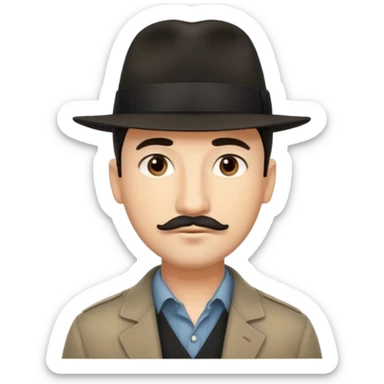 A light-skinned man with short dark hair, thin straight mustache, and a black fedora, with an oval face and calm look. sticker