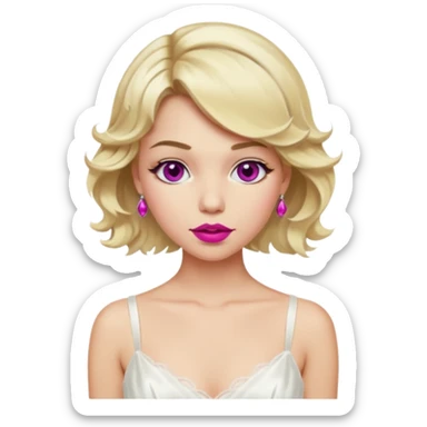 Bride with short wavy blonde hair, hot pink background and white silk chemise dress. Add fuscia background. Add fuscia lipstick sticker