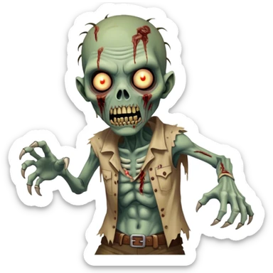 Cinematic Realistic WoW undead friendly zombie Portrait, captured in a fierce, battle-ready stance, muscles taut beneath his tattered, earth-toned attire. His decayed, pallid skin and glowing eyes are rendered with intense lifelike detail and dynamic lighting, high shine, embodying the raw, relentless fury of an undead friendly zombie in the heat of combat. sticker