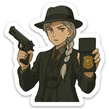 1 female, 1920's mens suit, long white hair braid, gold yellow eyes, muted dark colors, brandishing a colt 1911 and a detective badge sticker