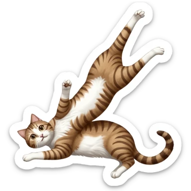 dark brown tabby and white cat with doing a big extremely long stretch reaching up into the air with arms and legs side by side together straight and overextended whilst lying on its side sticker