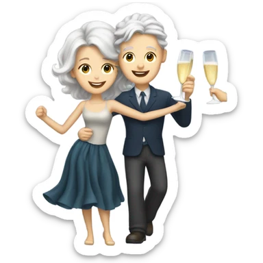 a white boy with gray hair and a girl with long blond wavy hair dancing with a glass of champagne sticker