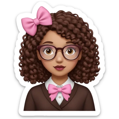 medium-lightskin girl with medium length chocolate brown side part curly hair, pink and white bow on the side, with brown glasses, brown eyes, noes piercing sticker