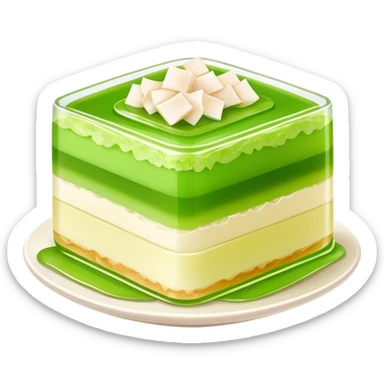 Coconut Pandan Jelly Cinematic Realistic Coconut Pandan Jelly Dessert Emoji, depicted as a layered jelly with distinct strata of coconut and pandan flavors, rendered with delicate textures and vibrant, tropical lighting. sticker