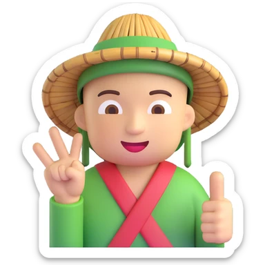 emoji character wearing an Asian bamboo hat, smirking, and pointing the middle finger sticker