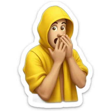 guy in a yellow cloths is shocked, covering his mouth with  hand sticker