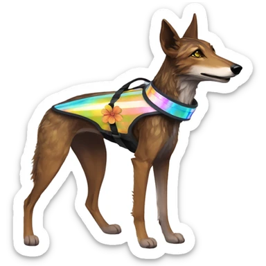  brindle brown black maroon striped lurcher Alsatian fox running blue eyes and iridescent holographic oilslick harness wearing paper iridescent tropical flower crown yellow caution tape sticker
