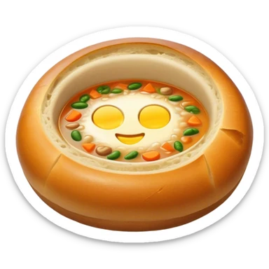 Żurek Cinematic Realistic Żurek Soup Dish Emoji, depicted as a tangy rye soup served inside a hollowed-out round loaf of bread, rendered with rich textures and dynamic, comforting lighting. sticker