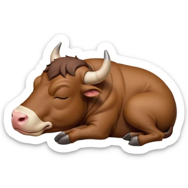meme-worthy-cute-sleeping-domestic-bull-portrait-emoji,-head-resting-peacefully-with-a-contented-smile,-showcasing-a-robust,-muscular-build-and-a-luxuriously-soft-coat,-eyes-gently-closed-in-serene,-restful-slumber,-simplified,-solid-brown sticker