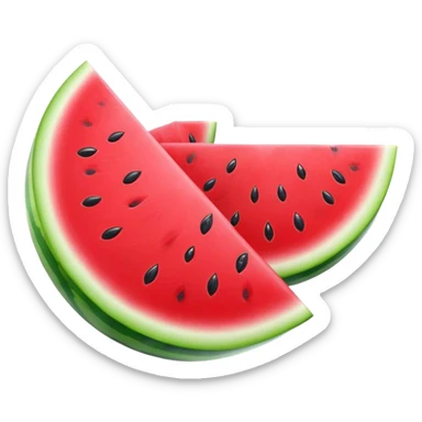 Cinematic juicy watermelon, thick slices revealing vibrant red interior, glossy and glistening with tiny black seeds, fresh and refreshing, soft glowing background, summer vibes. sticker