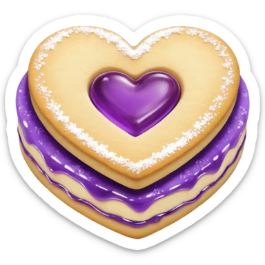 Realistic shortbread cookie in the shape of a heart with purple pastel jelly middle filling and sprinkled powder sugar on top. sticker