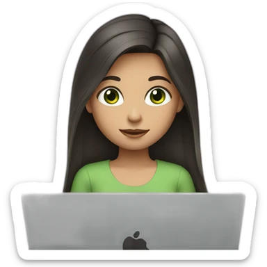 Girl with long dark hair, green eyes and laptop sticker